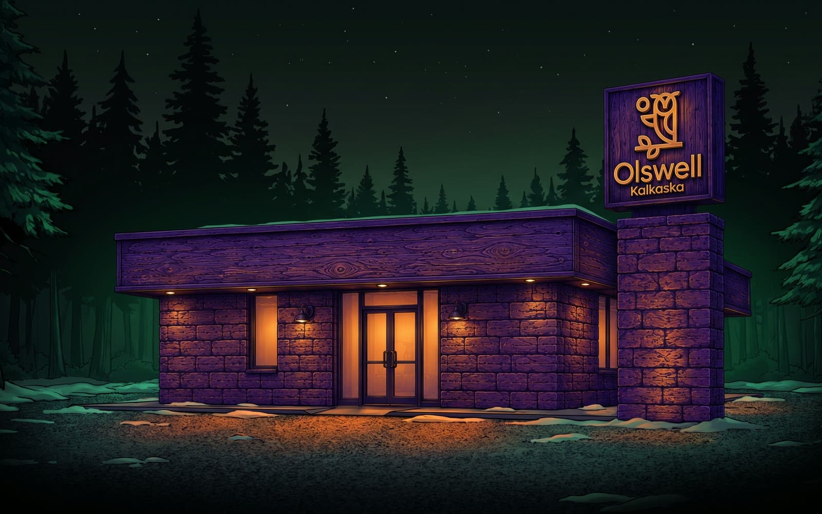 Illustration of the Olswell Cannabis Kalkaska store at night