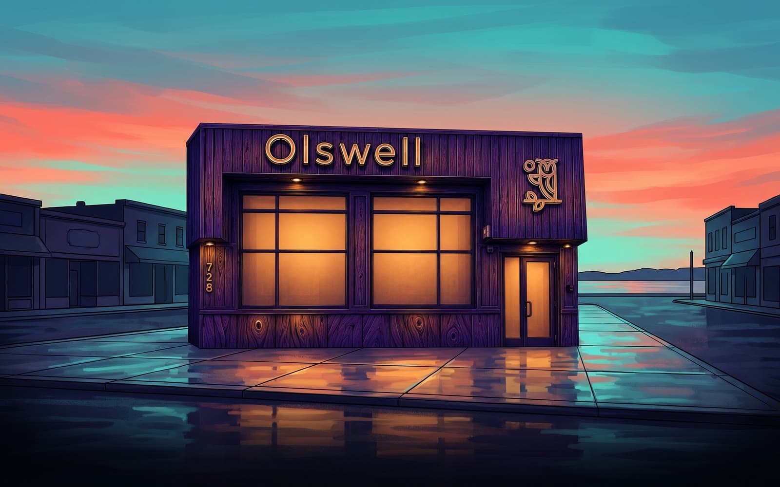 Illustration of the Olswell Cannabis Traverse City store at night